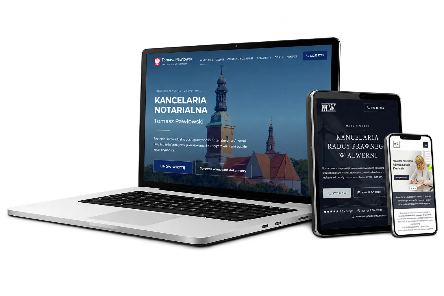 Strony internetowe kancelarii prawnych i notarialnych na laptopie, tablecie i telefonie
